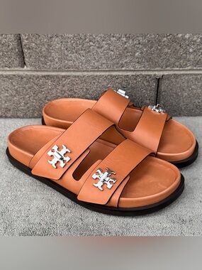 Tory Burch T-Lock Sport Slides Sandals Camello  Leather Size 6.5